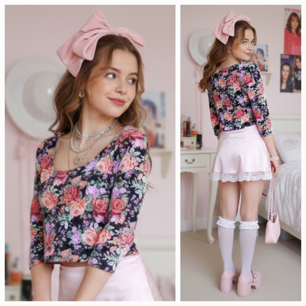 Forever 21 M Y2K Dark Romantic Neon Floral Whimsigoth Fairy Grunge Crop Top